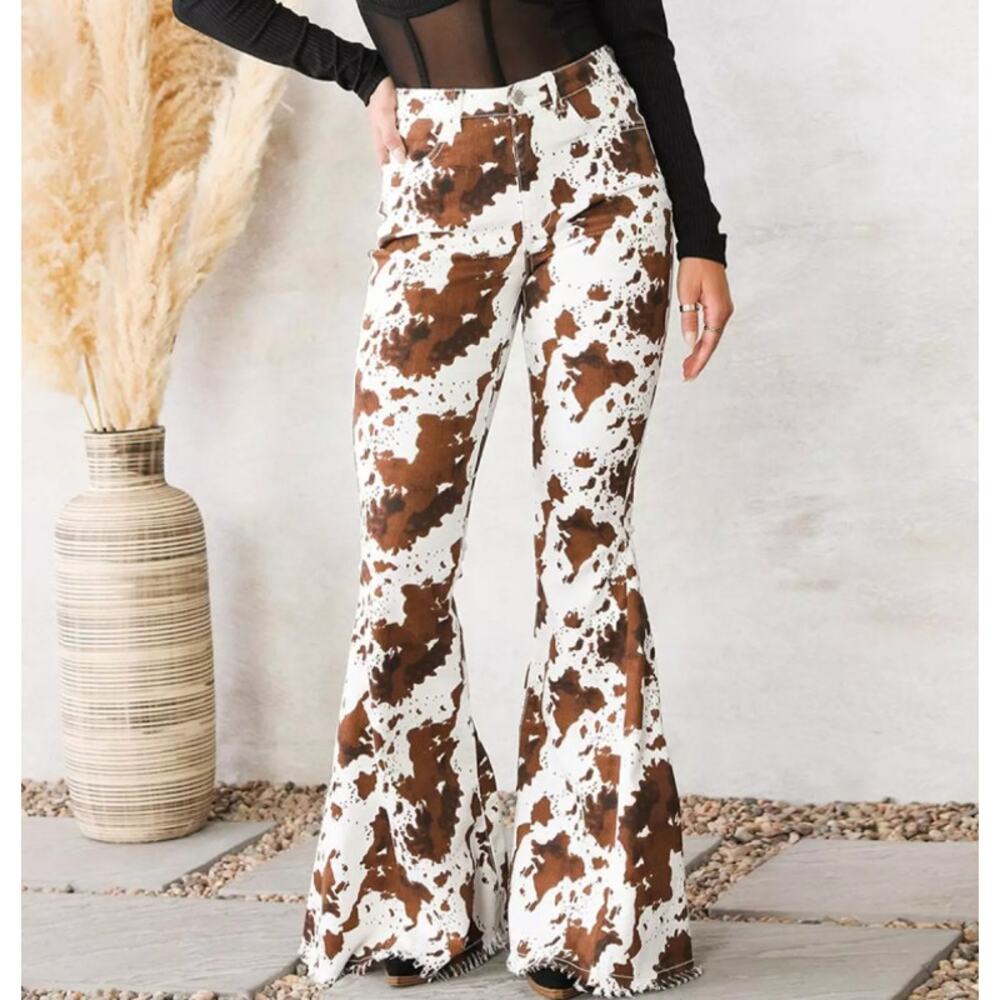 Saints & Hearts LARGE High Rise Extreme Flare Cow Print Raw Hem Cowgirl Jeans
